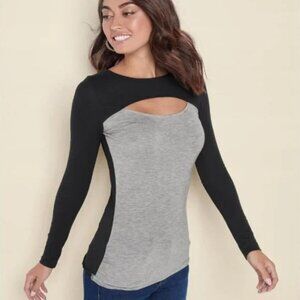 Venus Color Block Black and Gray Cut Out Long Sleeve T-Shirt